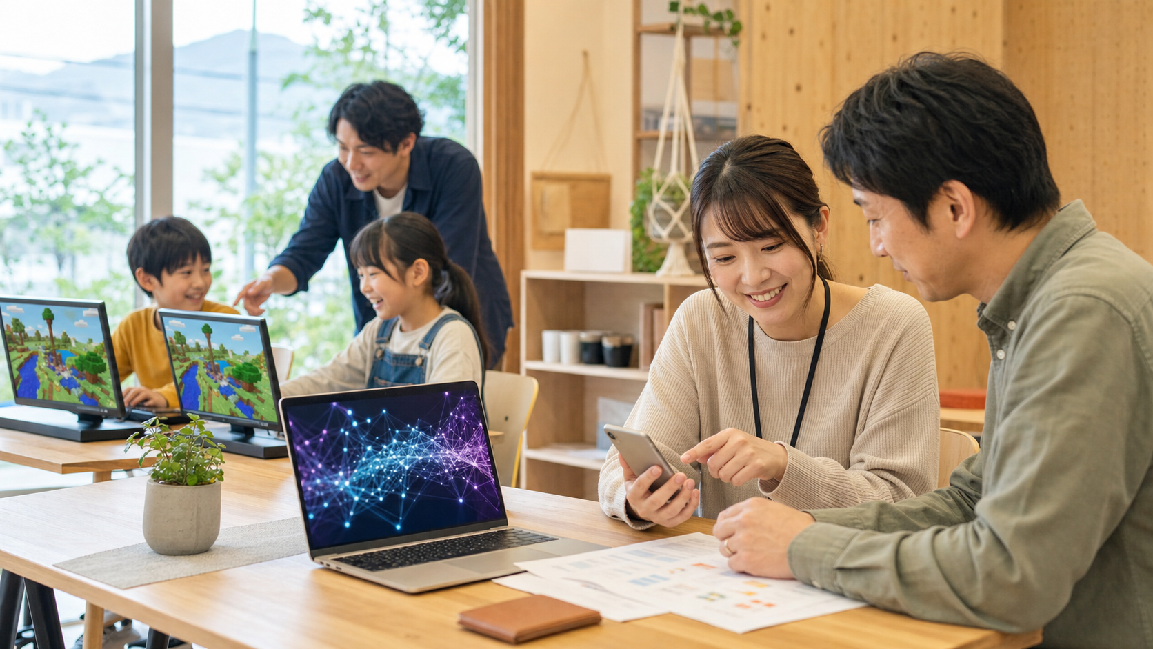 通信費の相談、AIの活用支援、子ども向けプログラミング教室が行われている地域の相談風景